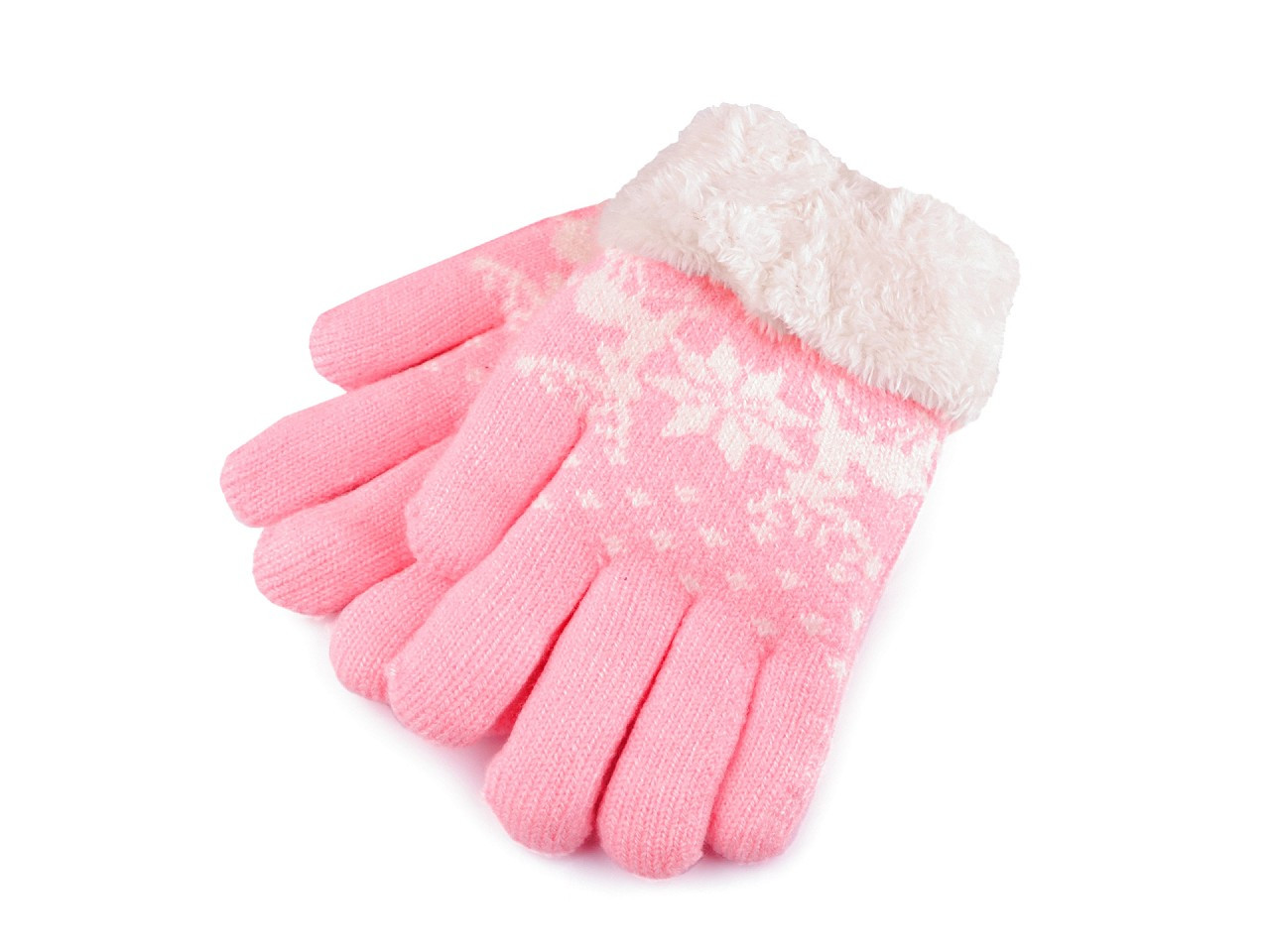 Dětské pletené rukavice s kožíškem, norský vzor, barva 2 růžová sv. bílá