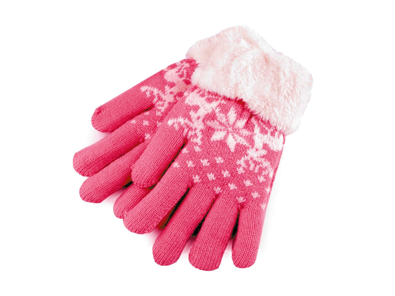 Dětské pletené rukavice s kožíškem, norský vzor, barva 26 růžová bílá