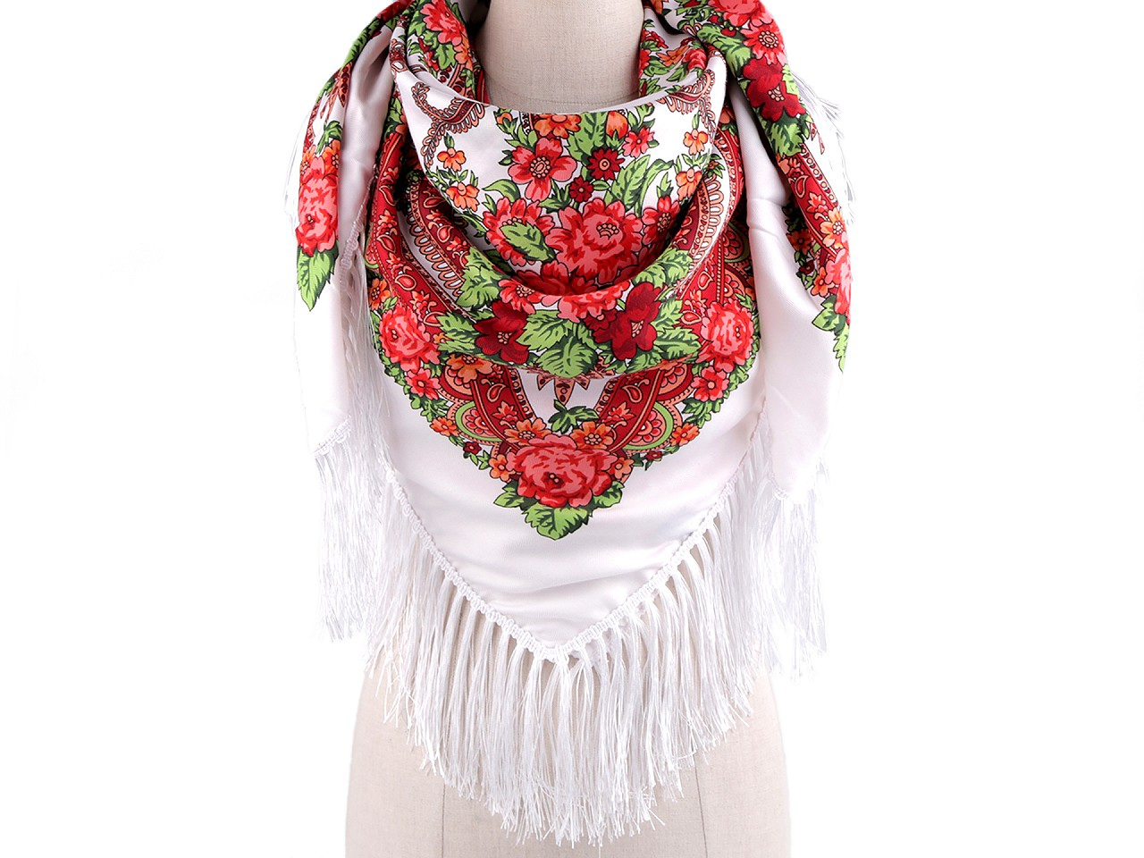 Šátek folklór květy s třásněmi 105x105 cm, barva 1 bílá