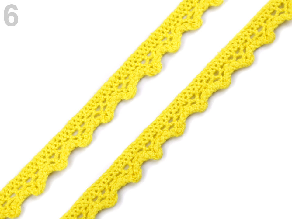 Bavlněná krajka paličkovaná šíře 11 mm, barva 6 žlutá
