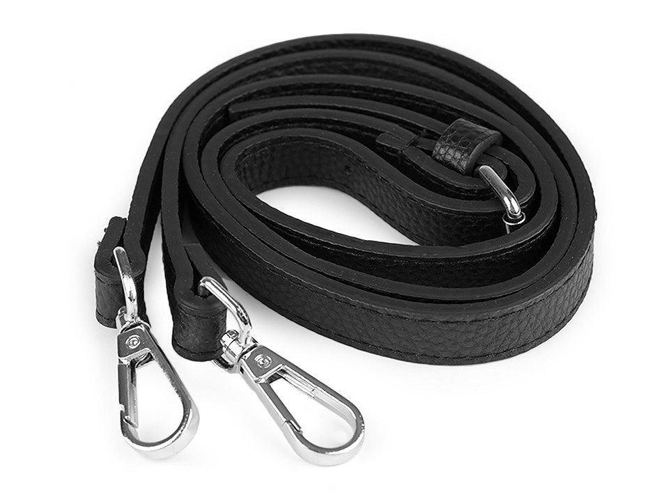 Koženkový popruh / ucho na kabelku s karabinami šíře 1,5 cm, barva 2 černá nikl