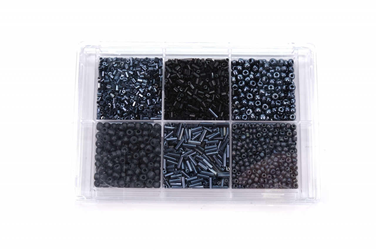 Korálky skleněné v sadě cca 80 g černé odstíny, barva Černé odstíny