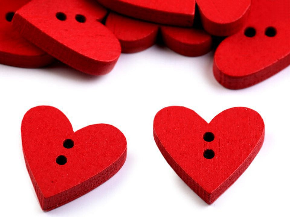 Dřevěný dekorační knoflík srdce, barva 6 červená