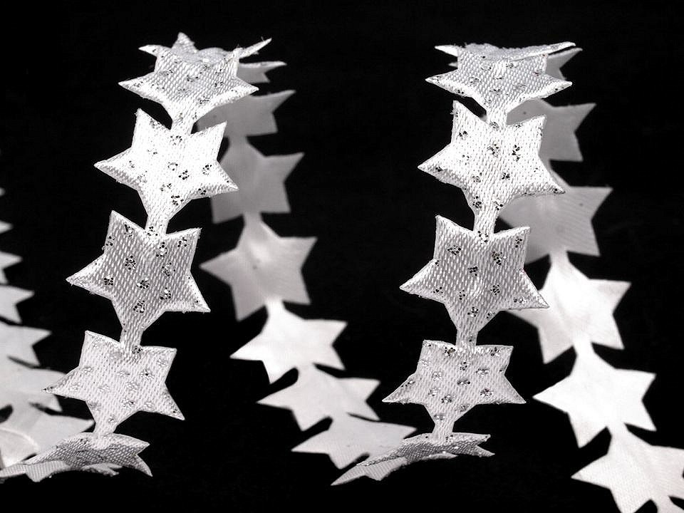 Saténový prýmek šíře 14 mm hvězda s glitry vánoční, barva 1 bílá