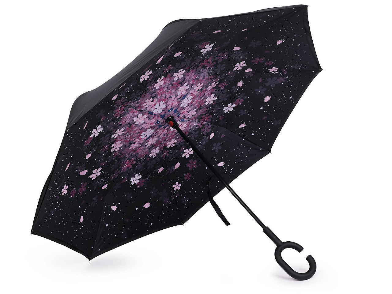 Obrácený deštník dvouvrstvý, barva 1 černá květy