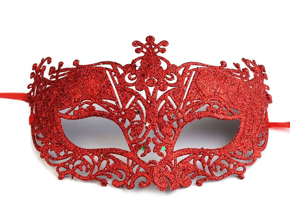 Karnevalová maska - škraboška s glitry, barva 2 červená