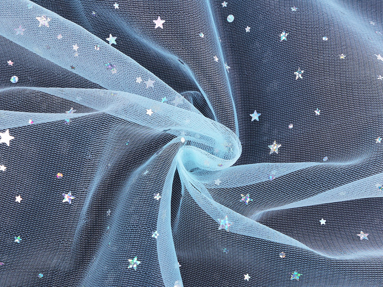 Oděvní / dekorační tyl s hvězdičkami s hologramem, barva 3 modrá světlá stříbrná