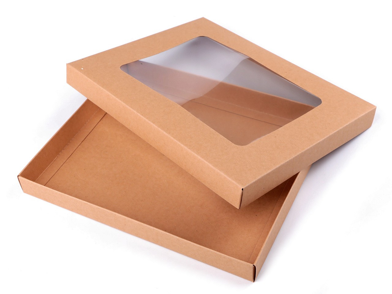 Papírová krabice s průhledem, barva hnědá přírodní