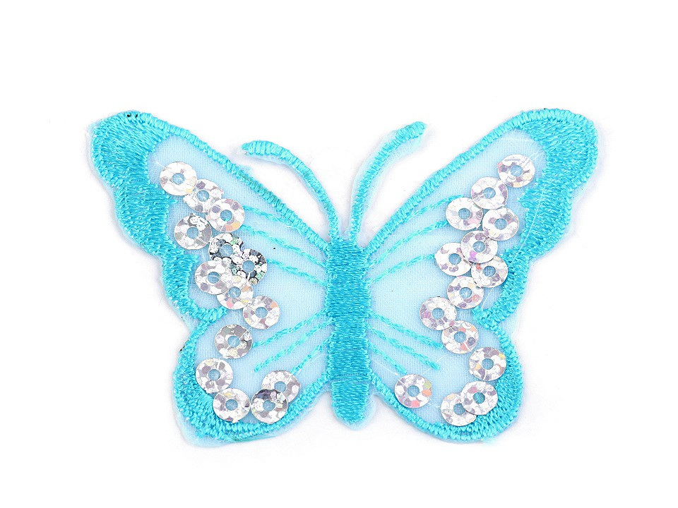 Nažehlovačka motýl s flitry, barva 7 modrá azurová