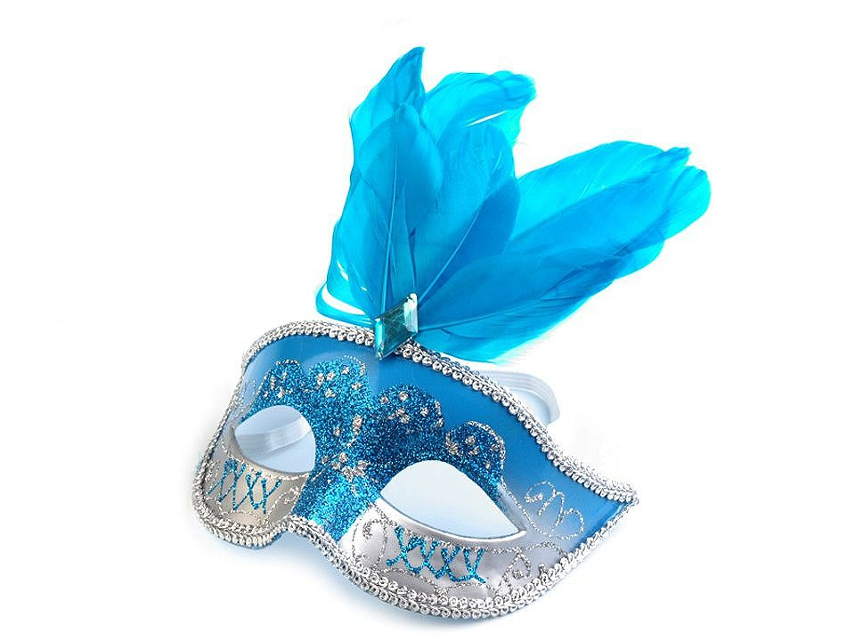 Karnevalová maska GLITRY s peřím, barva 1 modrá azuro