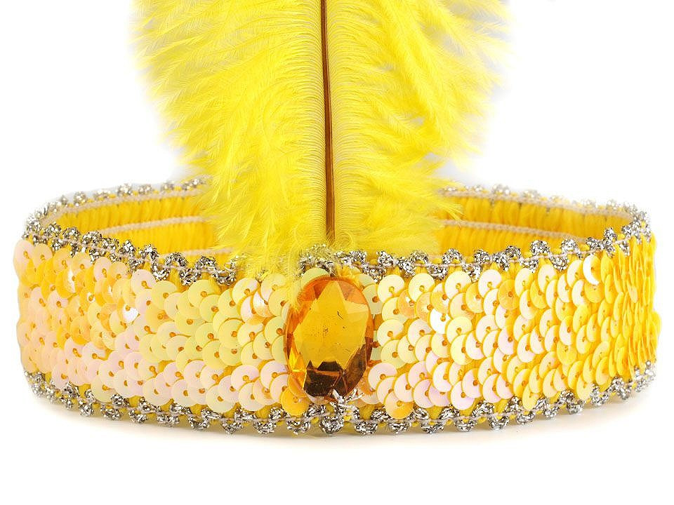 Karnevalová čelenka flitrová s peřím retro, barva 3 žlutá