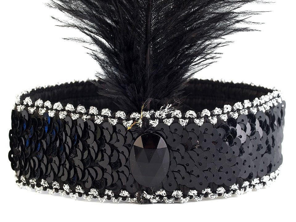 Karnevalová čelenka flitrová s peřím retro, barva 10 černá