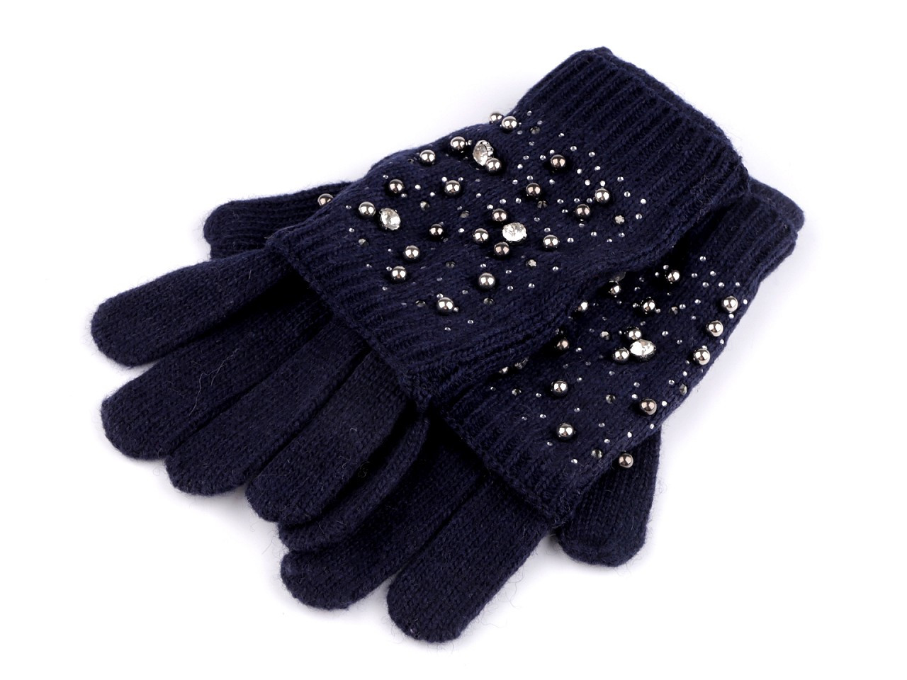 Dámské vlněné rukavice s perlami a kamínky "2 v 1", barva 4 modrá tmavá