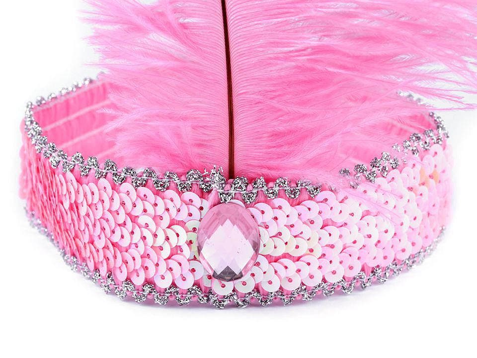 Karnevalová čelenka flitrová s peřím retro, barva 13 růžová světlá