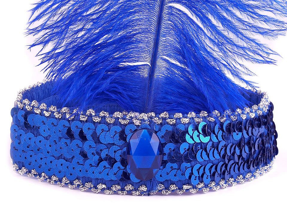 Karnevalová čelenka flitrová s peřím retro, barva 9 modrá safírová