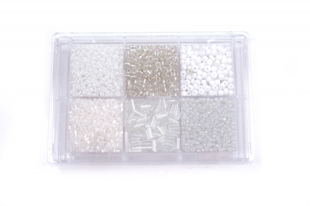 Korálky skleněné v sadě cca 80 g bílé odstíny, barva Bílé odstíny