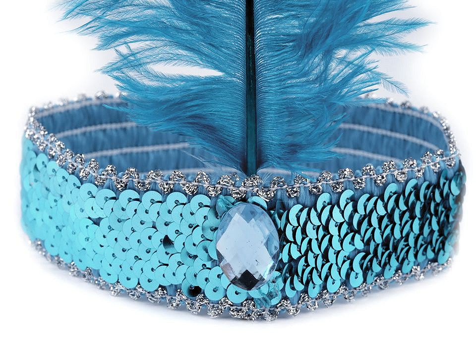 Karnevalová čelenka flitrová s peřím retro, barva 8 modrá azurová