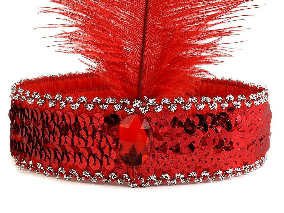 Karnevalová čelenka flitrová s peřím retro, barva 4 červená