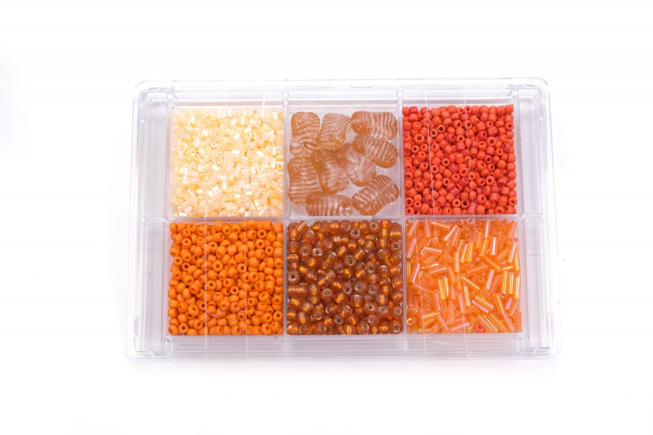 Korálky skleněné v sadě cca 80 g oranžové odstíny, barva Oranžové odstíny