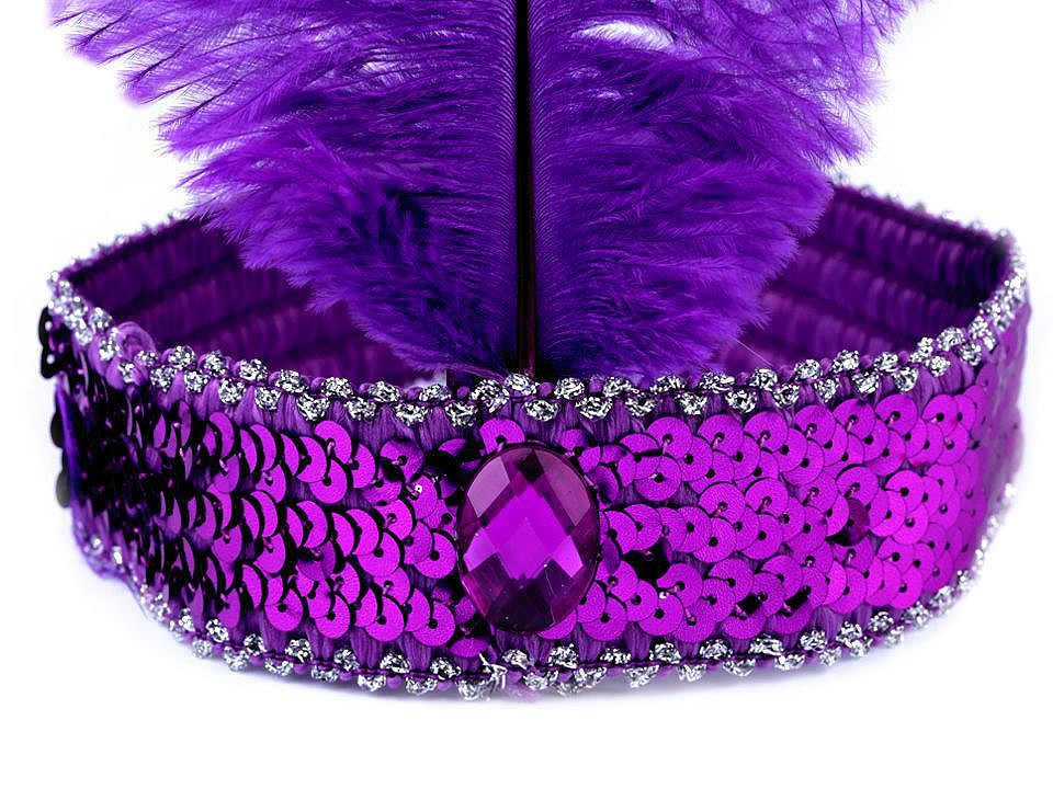 Karnevalová čelenka flitrová s peřím retro, barva 12 fialová tmavá