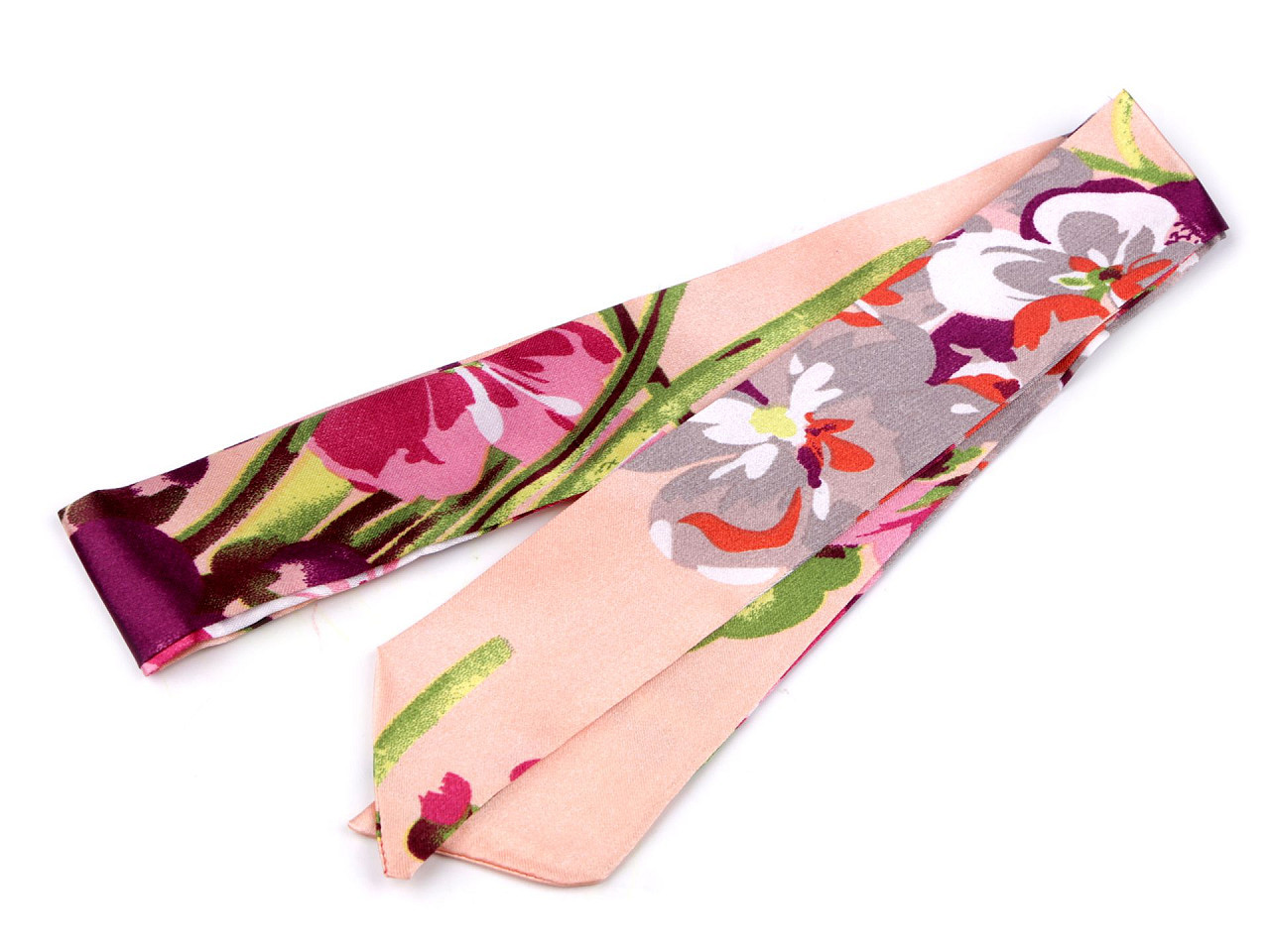 Šátek úzký do vlasů, na krk, na kabelku jednobarevný, s květy, barva 9 pudrová květy