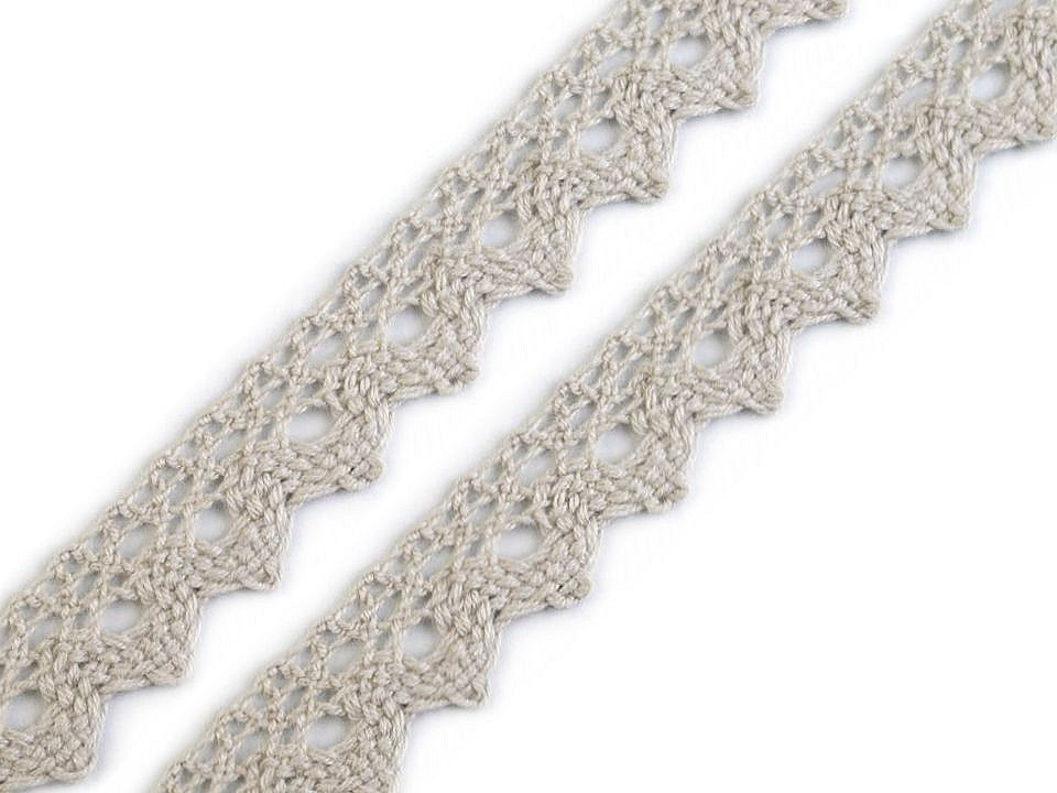 Bavlněná krajka paličkovaná šíře 15 mm, barva 13 šedá světlá (bavlna)