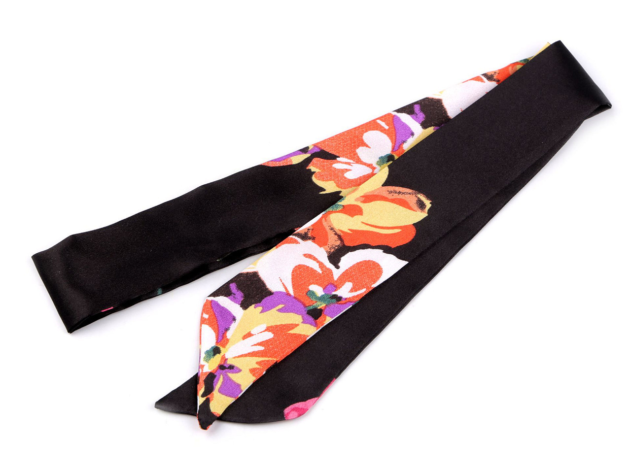 Šátek úzký do vlasů, na krk, na kabelku jednobarevný, s květy, barva 12 černá květy