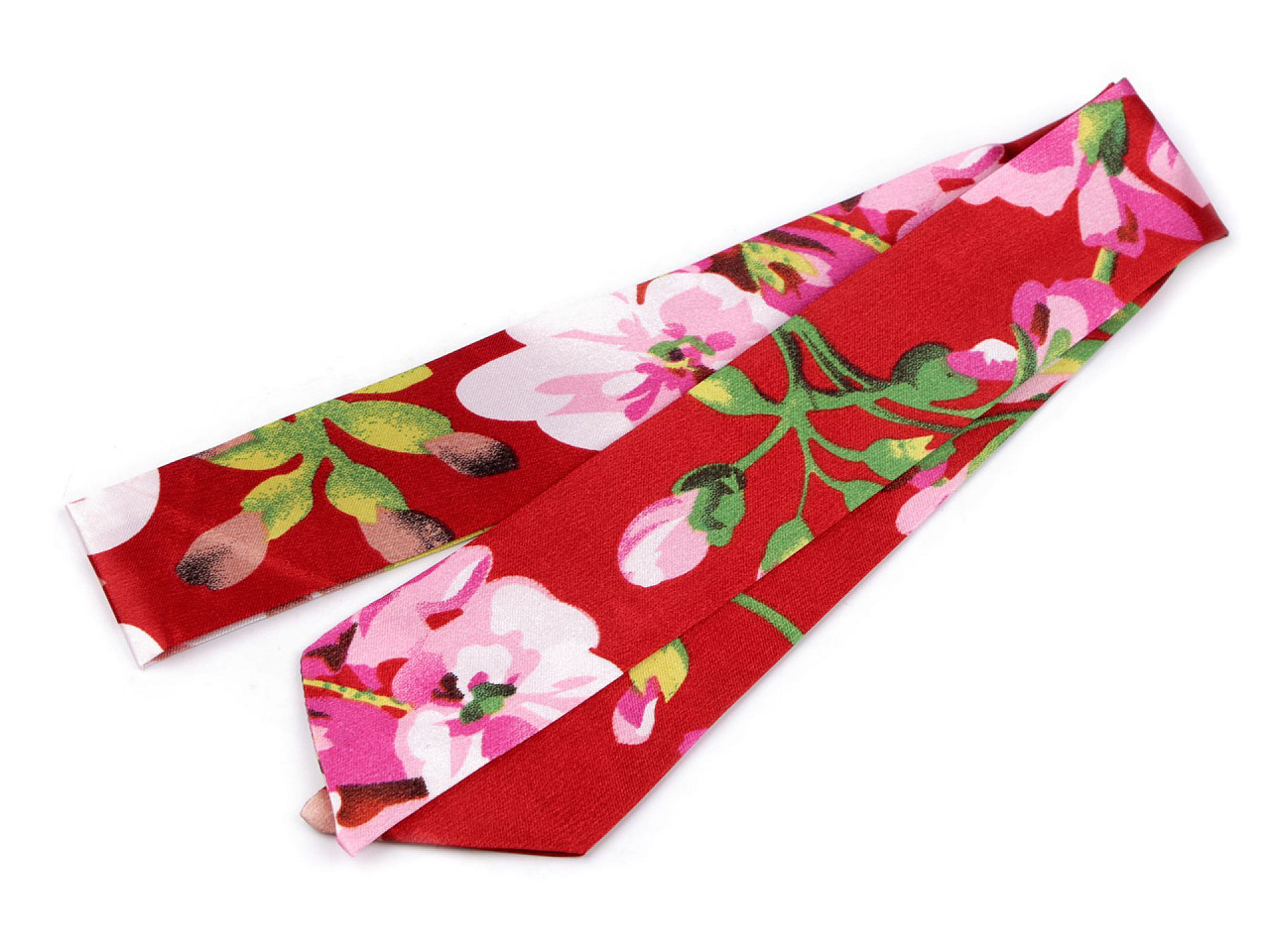 Šátek úzký do vlasů, na krk, na kabelku jednobarevný, s květy, barva 10 červená květy