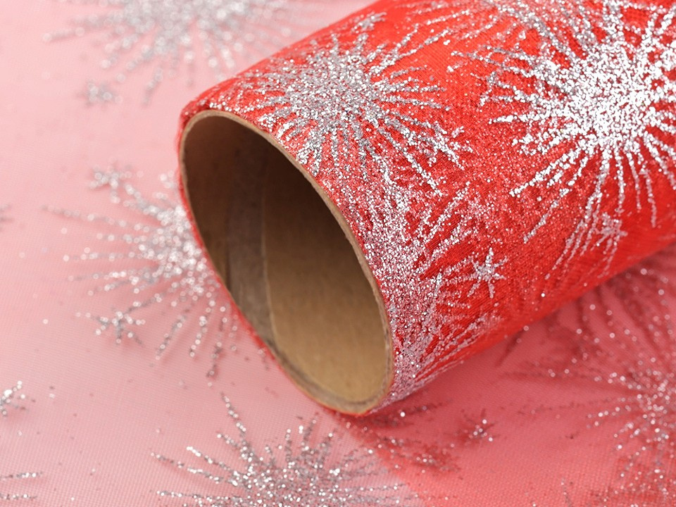 Vánoční organza s glitry šíře 36 cm, barva 4 červená stříbrná