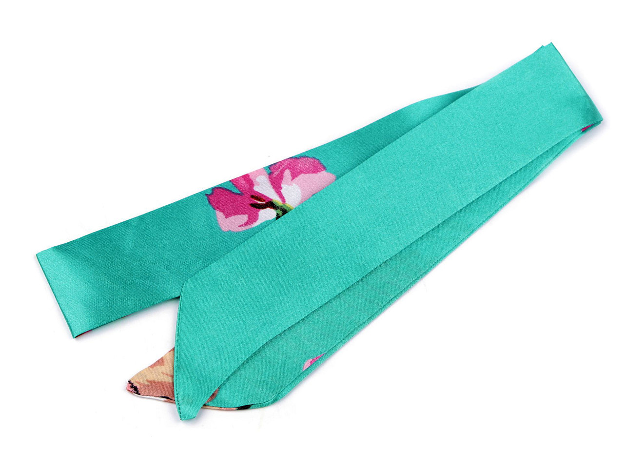 Šátek úzký do vlasů, na krk, na kabelku jednobarevný, s květy, barva 11 zelená mořská květy