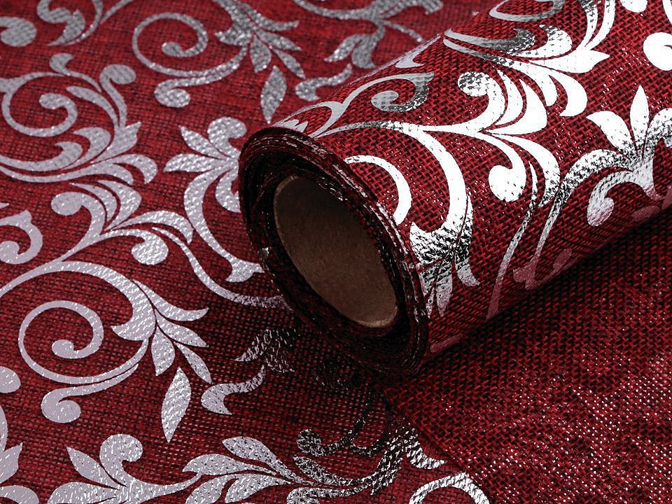 Stuha imitace juty šíře 24 cm ornamenty, barva 3 (800-25) červená tmavá stříbrná