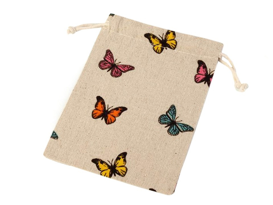 Dárkový pytlík 13x18 cm lněný s motýly, barva režná přírodní