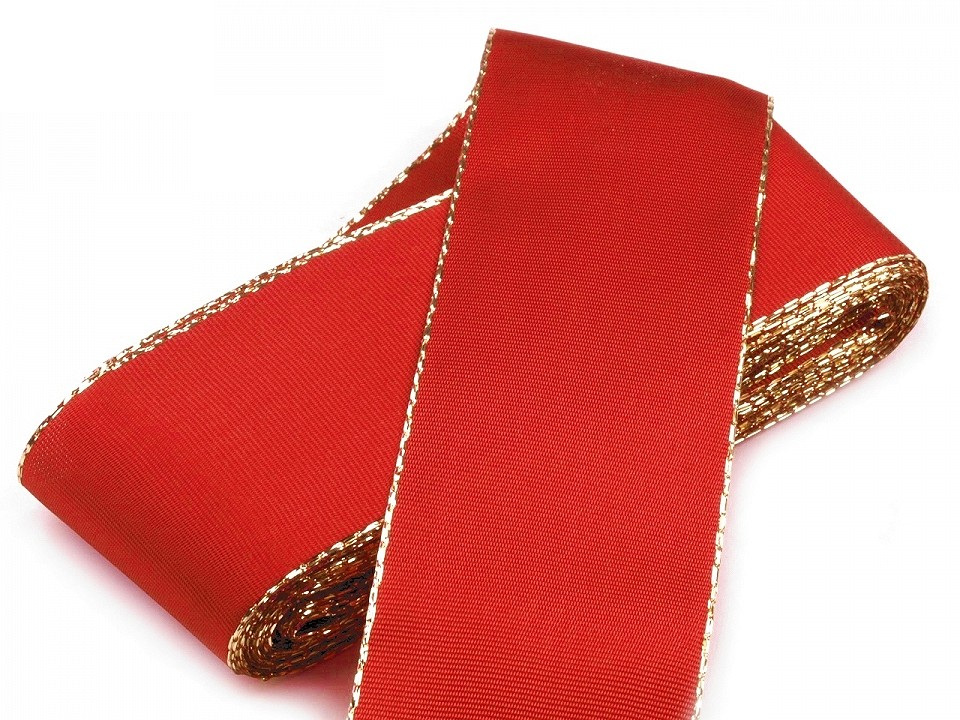 Stuha taftová s lurexem šíře 40 mm, barva 643 červená šarlatová zlatá