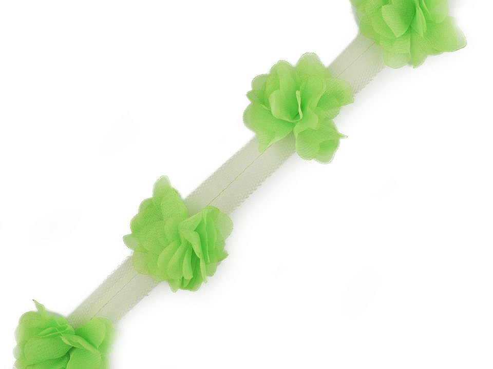 Prýmek květ na tylu šíře 60 mm, barva 11 zelená elektrická