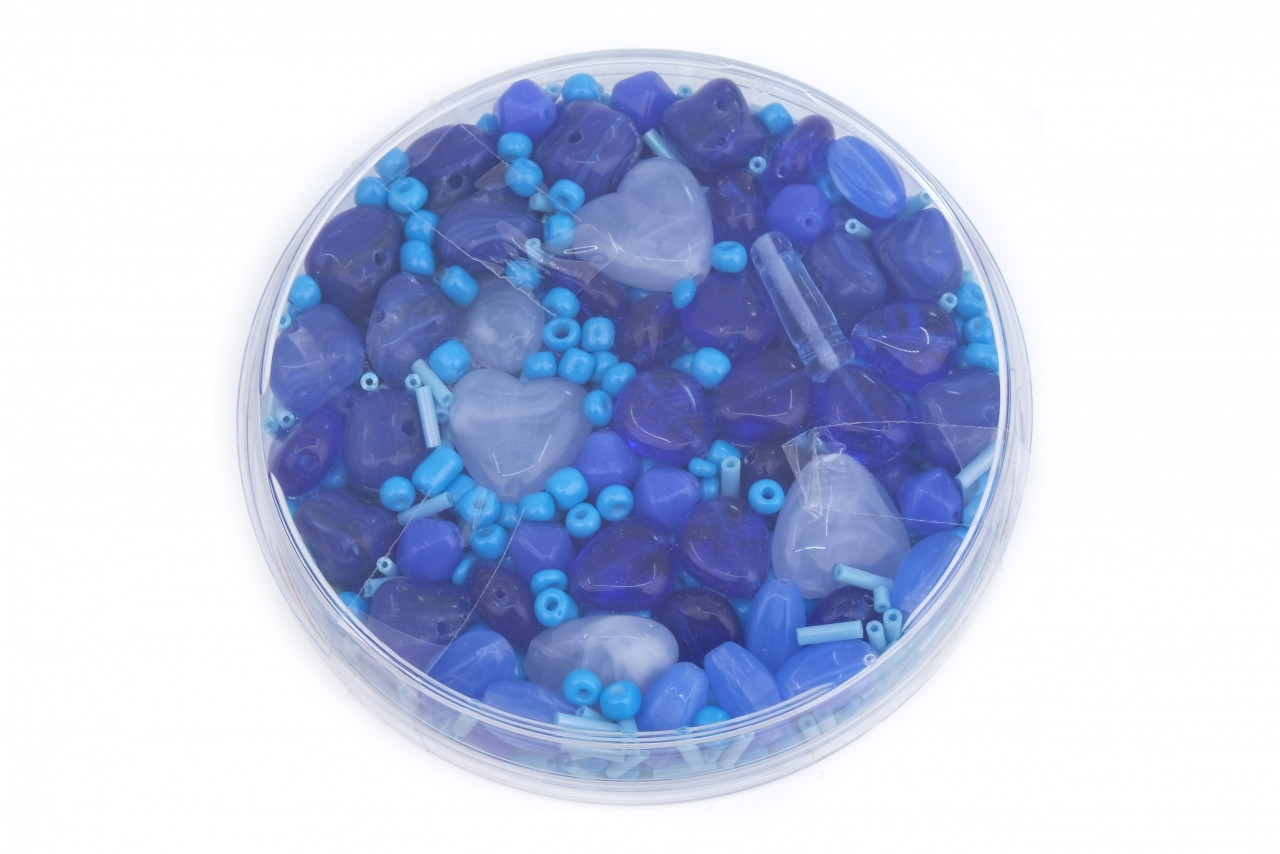Korálky skleněné mix velikosti cca 120 g barva modrá, barva Modrá