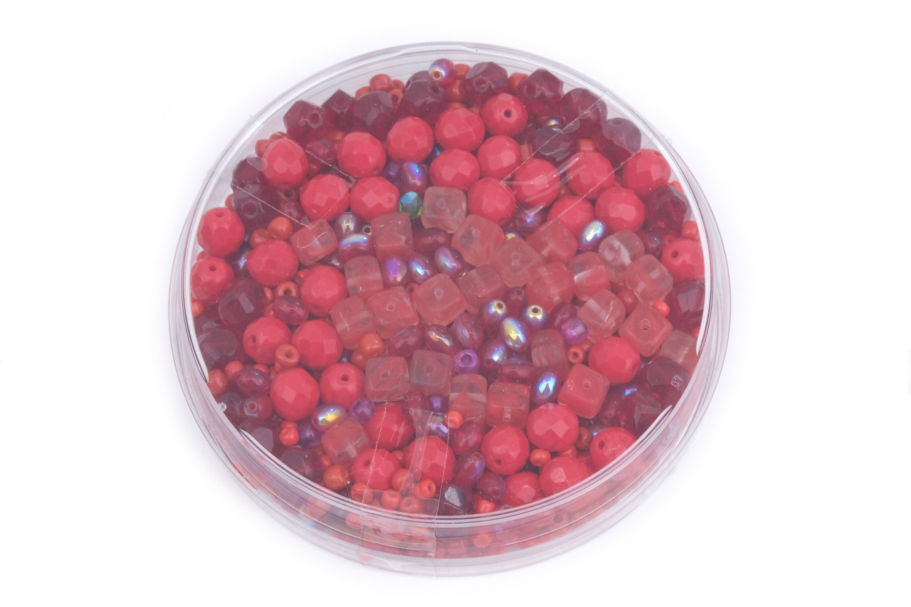 Korálky skleněné mix velikosti cca 120 g barva červená, barva Červená
