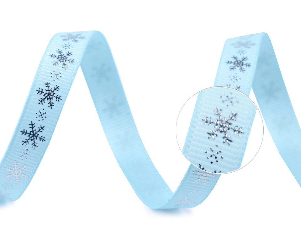 Fotografie Rypsová stuha vločky šíře 10 mm vánoční, barva 6 modrá světlá