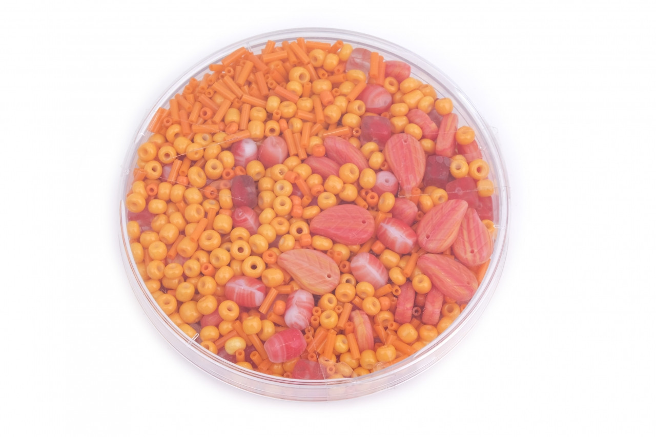 Korálky skleněné mix velikosti cca 120 g barva oranžová, barva Oranžová