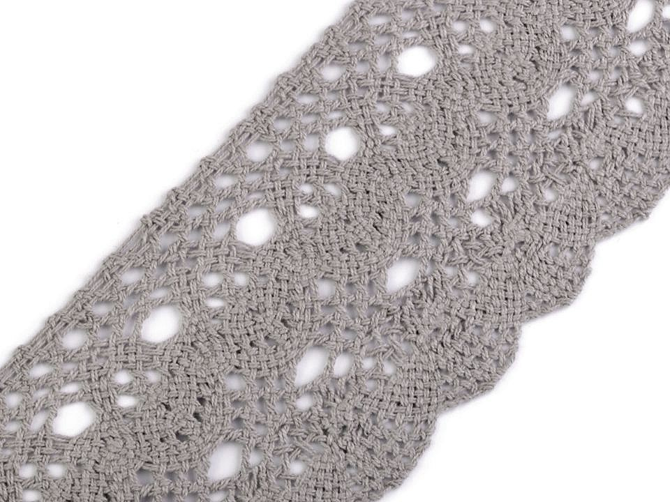 Bavlněná krajka paličkovaná šíře 75 mm, barva 4 šedá perlová