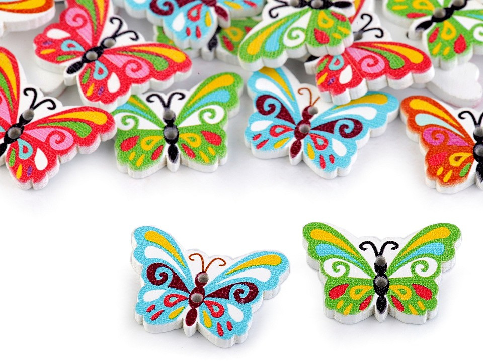 Dřevěný dekorační knoflík motýl, barva mix