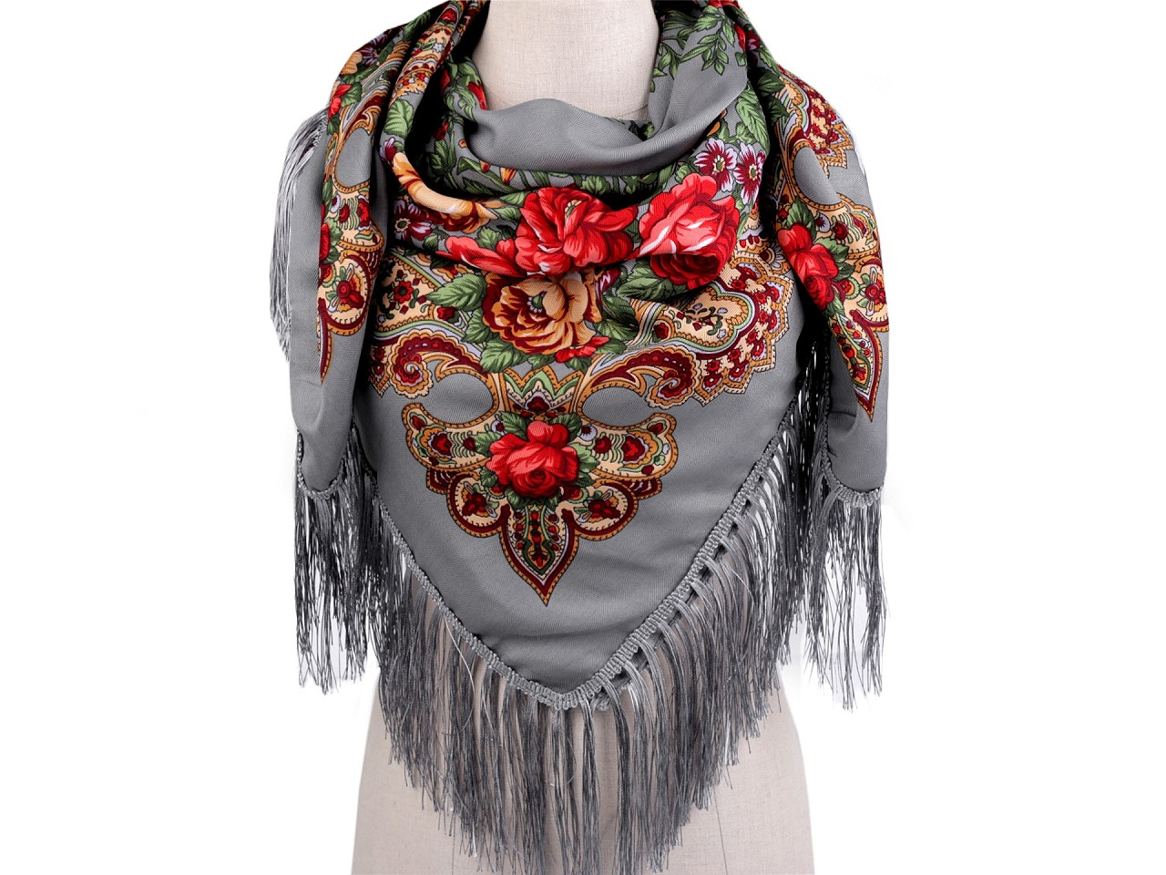 Šátek folklór květy s třásněmi 105x105 cm, barva 9 šedá