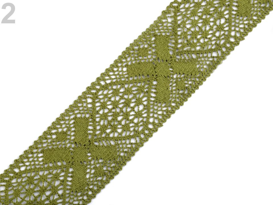 Krajka / vsadka paličkovaná šíře 65 mm, barva 2 zelená khaki stř.