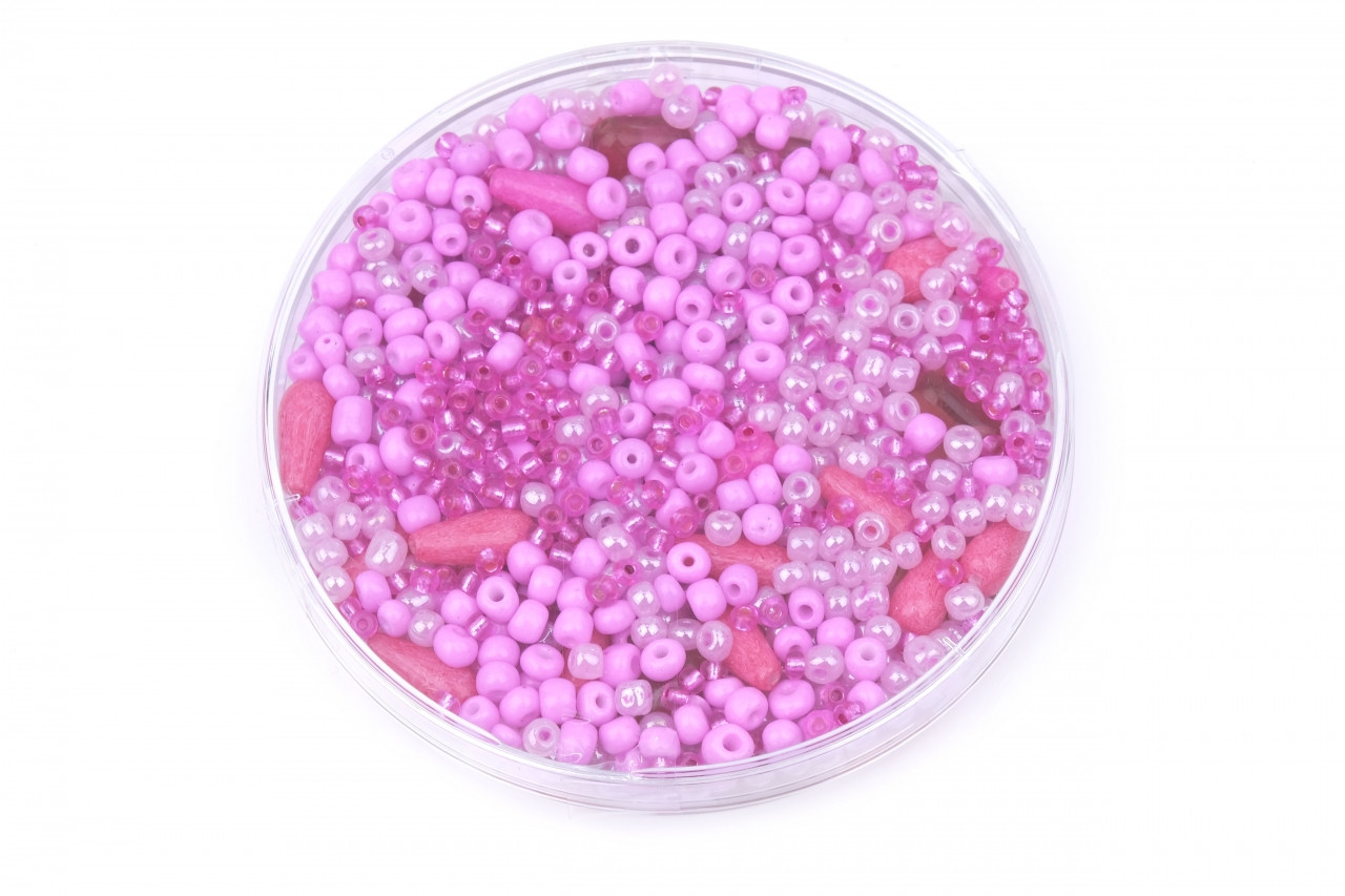 Korálky skleněné mix velikosti cca 120 g barva růžová, barva Růžová