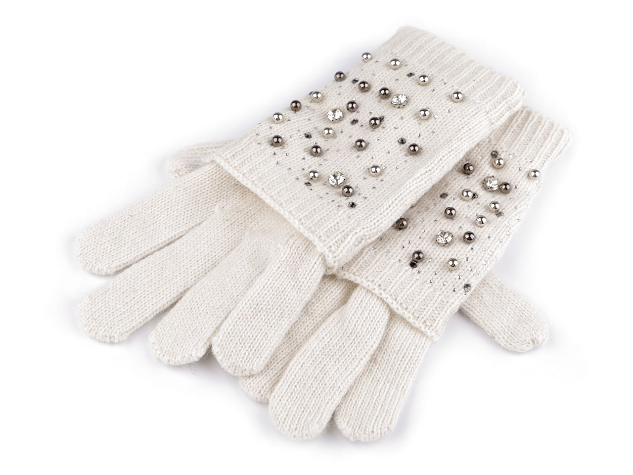 Dámské vlněné rukavice s perlami a kamínky "2 v 1", barva 1 béžová světlá