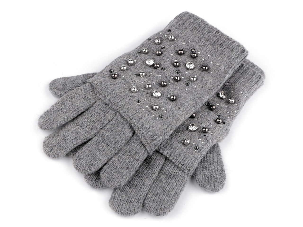 Dámské vlněné rukavice s perlami a kamínky "2 v 1", barva 5 šedá