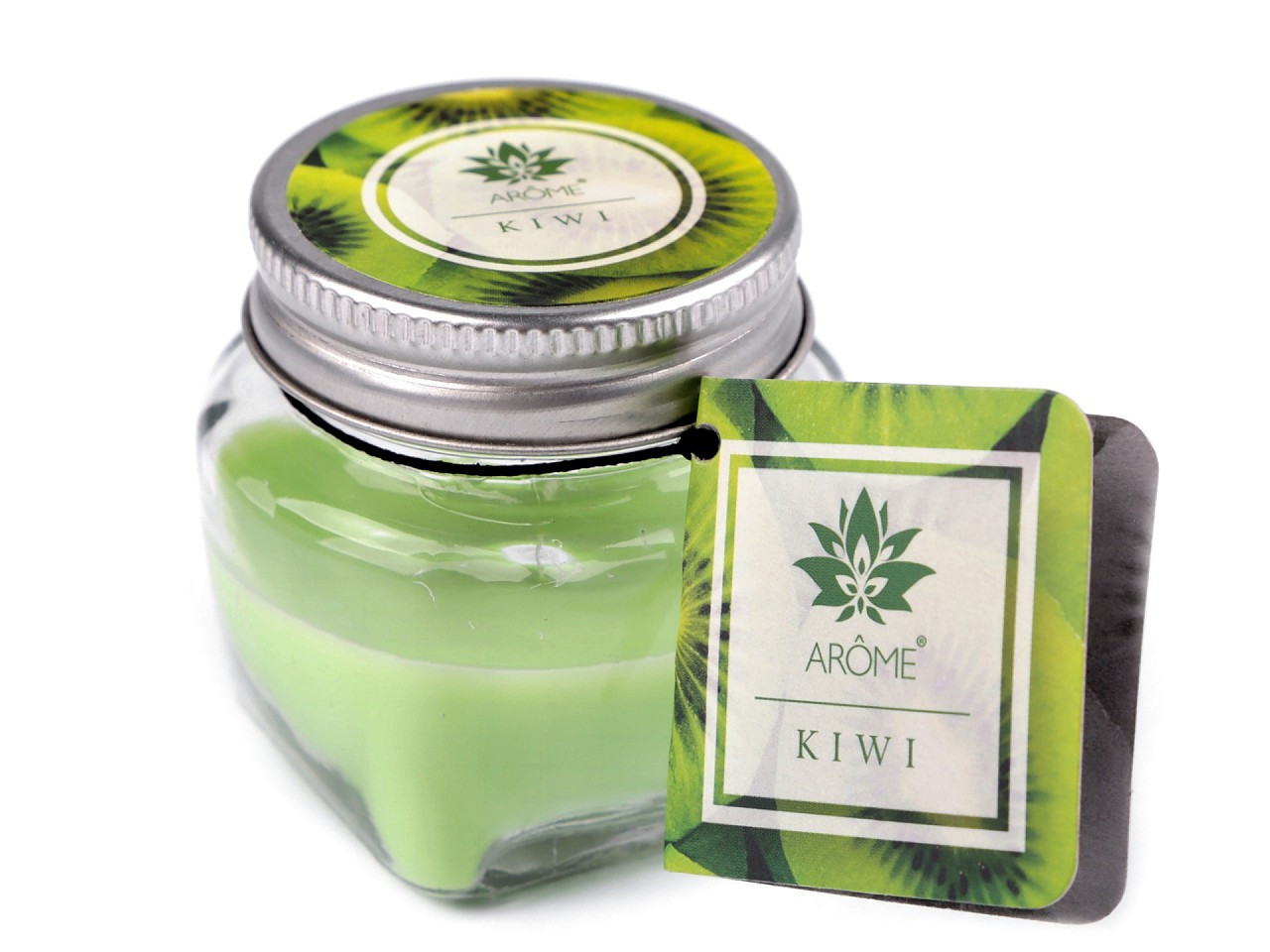Malá vonná svíčka ve skle s jmenovkou 28 g, barva 23 (Kiwi) zelená sv.