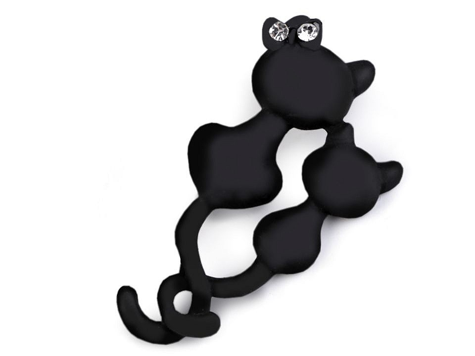 Brož s broušenými kamínky pes, kočky, barva 2 černá kočka