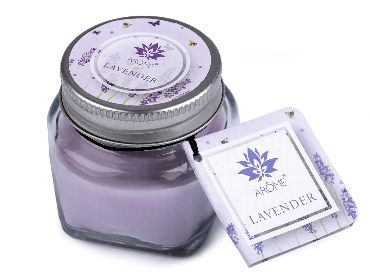 Malá vonná svíčka ve skle s jmenovkou 28 g, barva 4 (Lavender) fialová lila
