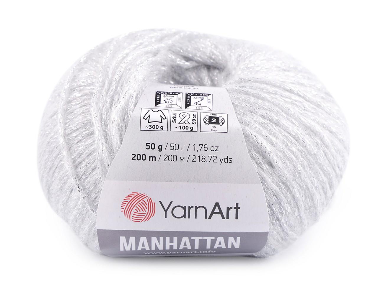 Pletací příze Manhattan 50 g, barva 1 (901) šedá nejsvětlější stříbrná