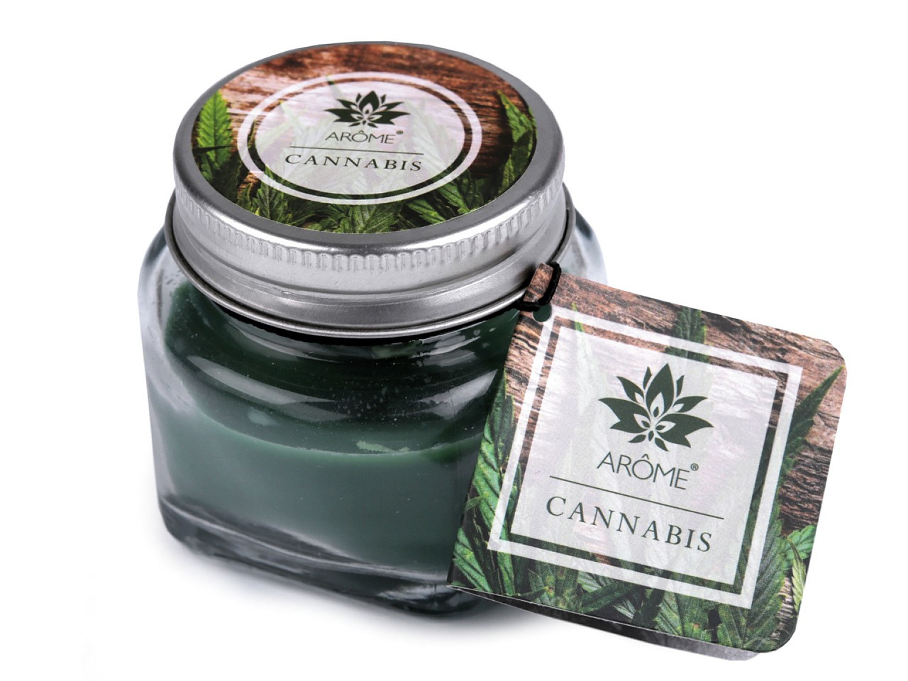 Malá vonná svíčka ve skle s jmenovkou 28 g, barva 6 (Cannabis) zelená tmavá